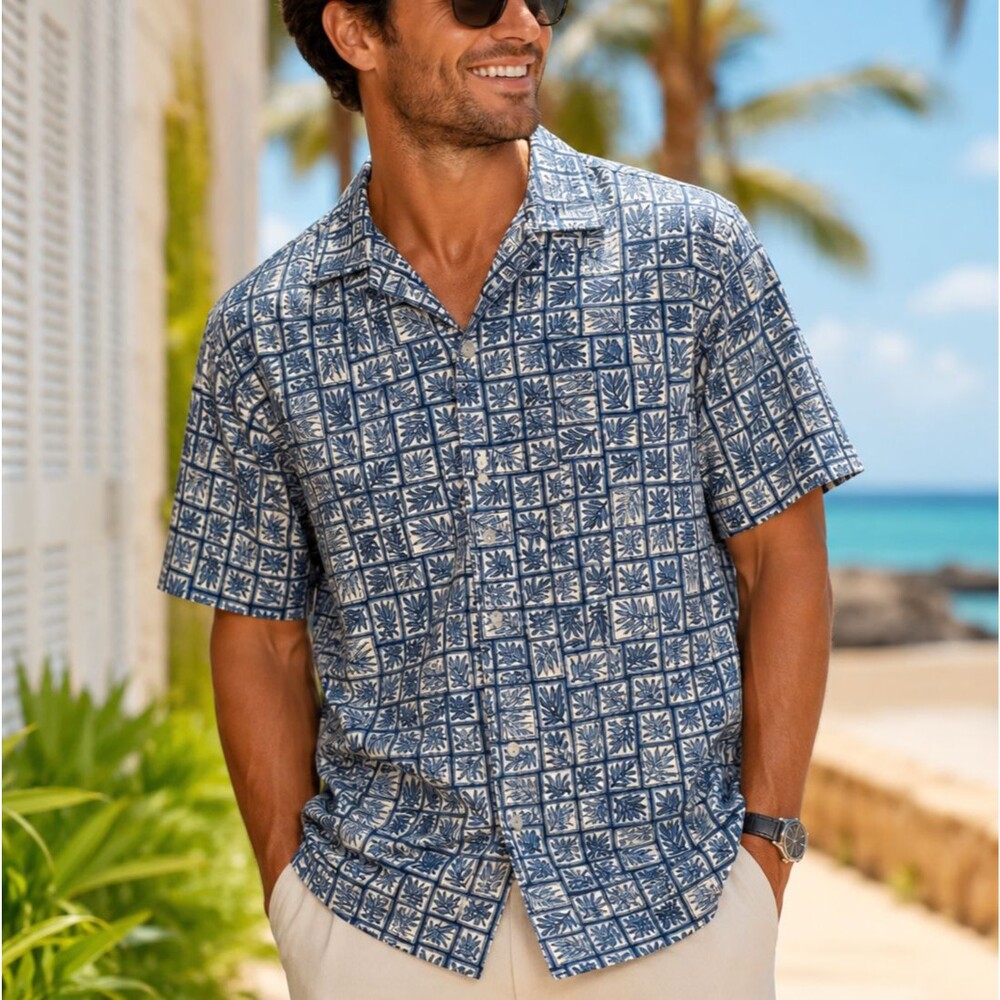 Tommy Bahama Men’s Blue Leaf Print Hawaiian Camp Button Up Cotton Shirt XL